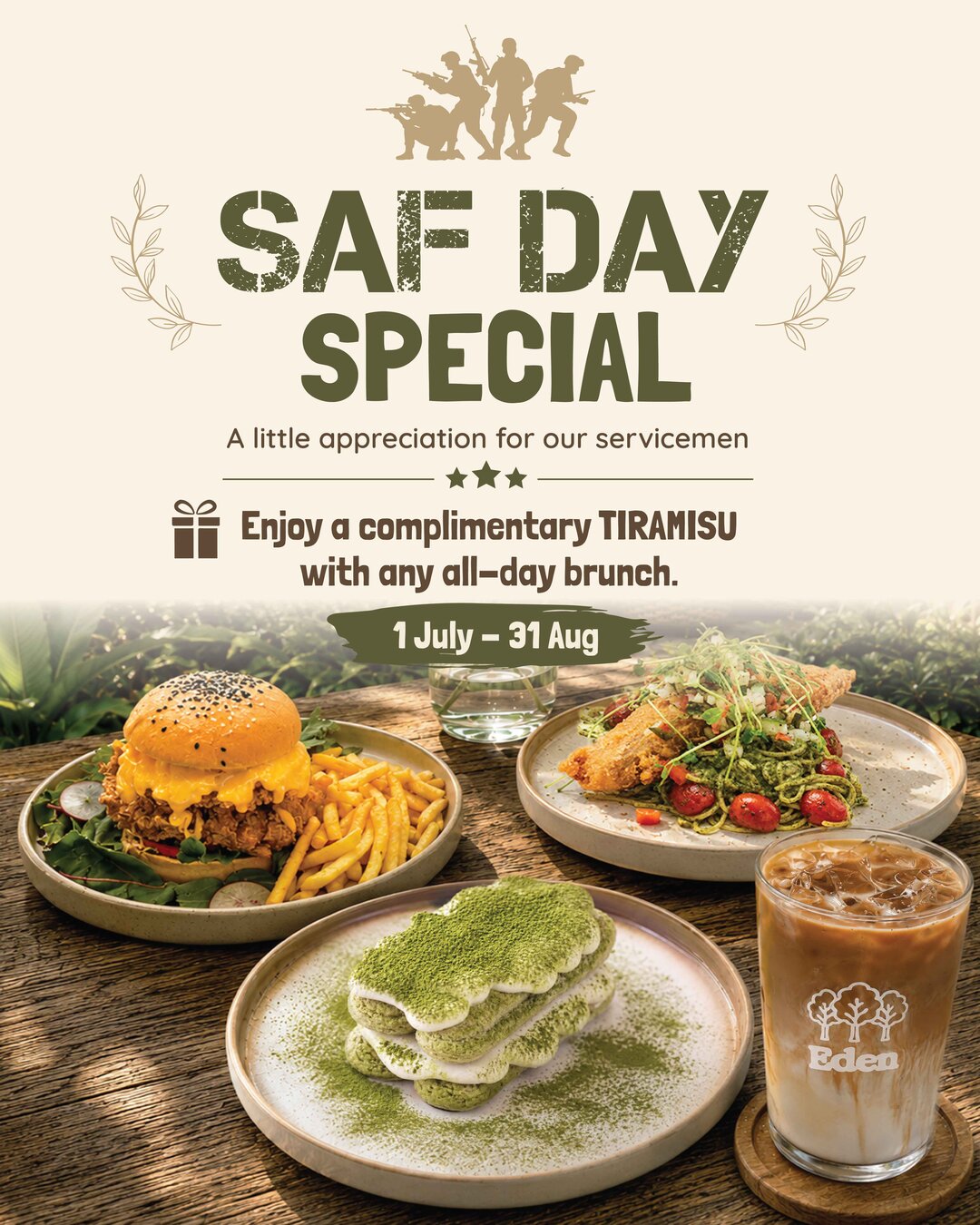 EDEN SAF Day Special — complimentary Tiramisu with any all-day brunch